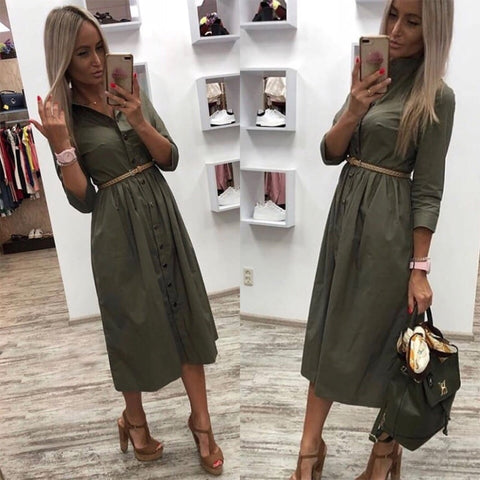 Fashion Turn-down Collar Party Shirt Dress Women Solid Three Quarter Sleeve Spring Summer Dress Plus Size Casual Vestidos Robe