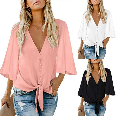 Women Fashion V Neck Long Sleeve Sexy Beach Blouse Shirts Casual Letters Printed Tops Slim Fit Shirts Plus Size #Zer