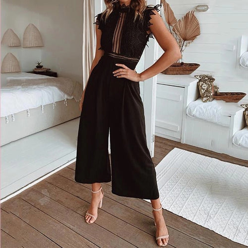 Sexy Lace Hollow Out Women's Jumpsuit Rompers Sleeveless Backless Black White Overalls 2020 Summer Wide Leg Ruffles Playsuits