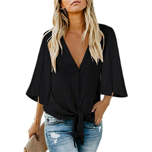 2019 Women Chiffon Blouse Shirt Fashion Sexy BatwingSleeve Womens Tops V-neck Button Blouses Office Ladies Shirts Plus Size