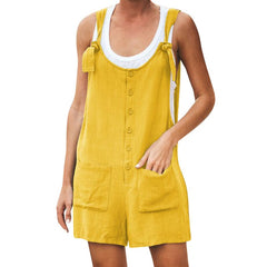 Women's Casual Button Pocket Jumsuit Female Ladies Summer Linen Vintage Shift Spaghetti-Strap Rompers Playsuits 2019