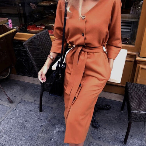 Women Vintage Front Button Sashes A-line Dress Long Sleeve Turn Down Collar Solid Elegant Dress 2019 Autumn Fashion Women Dress