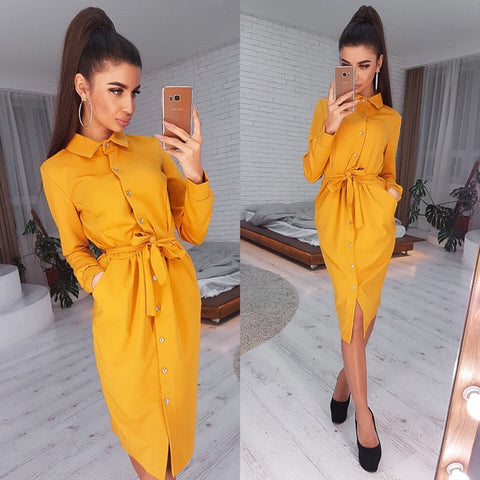 Fashion Turn-down Collar Party Shirt Dress Women Solid Three Quarter Sleeve Spring Summer Dress Plus Size Casual Vestidos Robe