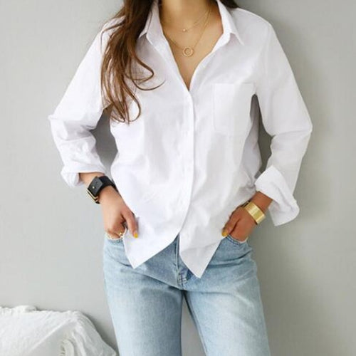 TITAME Shirts Blouses Women Fashion Casual Tops Female Turn-Down Collar White Loose Long Sleeve Blouse Ol Style Shirt Simple Top