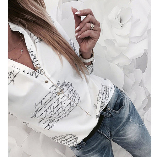 Women Fashion V Neck Long Sleeve Sexy Beach Blouse Shirts Casual Letters Printed Tops Slim Fit Shirts Plus Size #Zer
