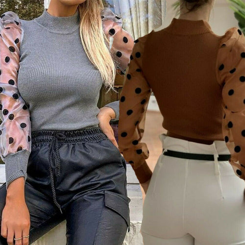 Women's Sheer Mesh See-through Blouse 2019 New Fashion Elegant Slim Polka Dot Puff Long Sleeve Tops Shirt Turtleneck Fall Blouse