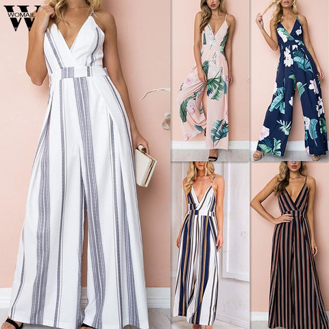 Long Women Jumpsuits 2020 Summer Plus Size Pants Sexy Halter Neck Off Shoulder Sleeveless Rompers Casual Playsuit Lady Overalls