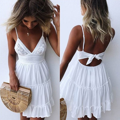 2019 Sexy Deep V Neck Women Summer Spaghetti Strap Backless Lace Dresses Fashion Sleeveless  Casual Beach Dress