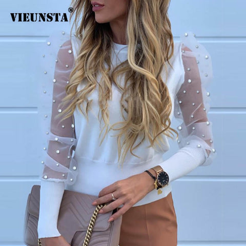 new women fashion dot stitching casual chiffon blouse shirt women long sleeve chic blusas perspective white chemise tops LS3725