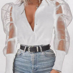 Neue Frauen Mesh Sheer Bluse Sehen-durch Puff Langarm Bluse Mode Perle Transparent Weißes Hemd Weibliche Blusas Herbst tops