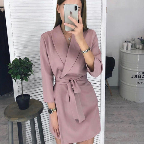 Fashion Turn-down Collar Party Shirt Dress Women Solid Three Quarter Sleeve Spring Summer Dress Plus Size Casual Vestidos Robe