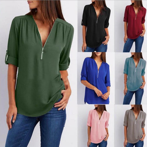 2019 Women Chiffon Blouse Shirt Fashion Sexy BatwingSleeve Womens Tops V-neck Button Blouses Office Ladies Shirts Plus Size