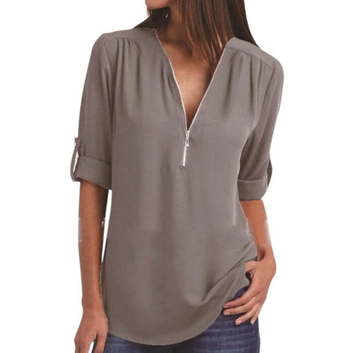 Solid Zipper Shirt Loose Plus Size 5XL Long Sleeve Chiffon Blusas Tops
